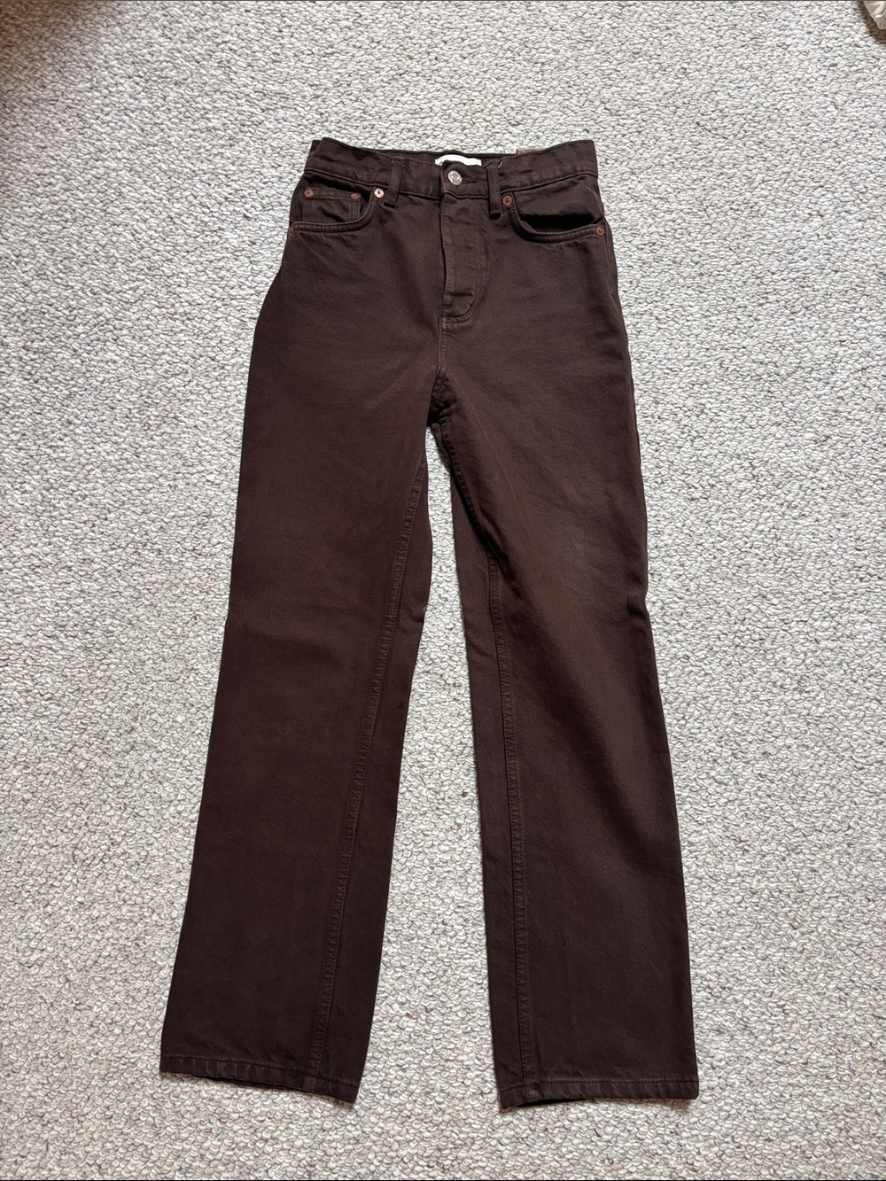 Zara Brown High-Rise Straight Leg Jeans